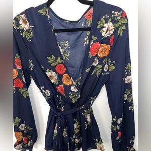 SHEIN Navy Blue floral blouse long ruffle cut sleeve with tie waist